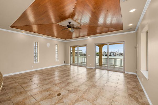 Empty room, Interior, Recessed Lighting, Water, Wooden Ceilings