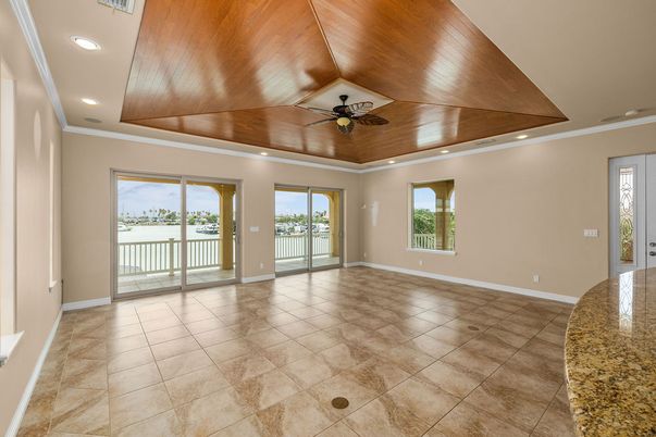 Empty room, Interior, Recessed Lighting, Water, Wooden Ceilings