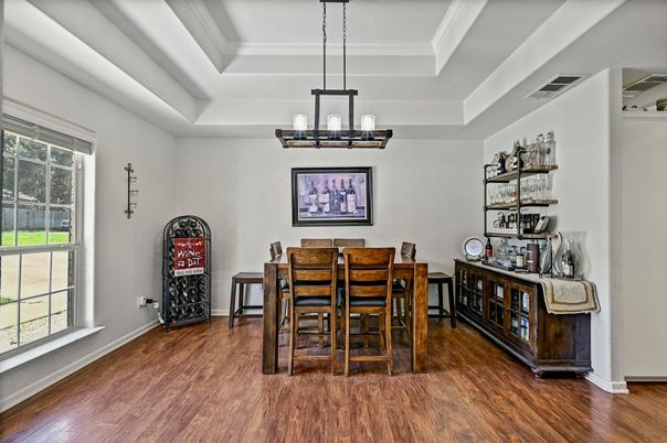 Chandelier, Dining room, Interior, Wood Texture Flooring
