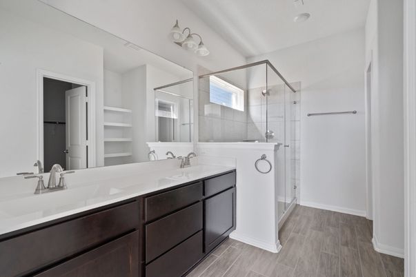 Bathroom, Dual Sink Vanities, Glass Shower, Interior, Wood Texture Flooring