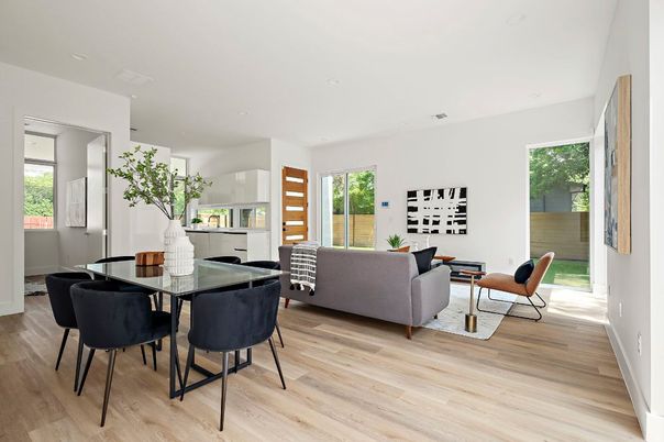 Dining room, Interior, Living room, Recessed Lighting, Wood Texture Flooring
