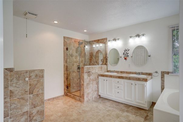 Bathroom, Dual Sink Vanities, Glass Shower, Interior, Recessed Lighting