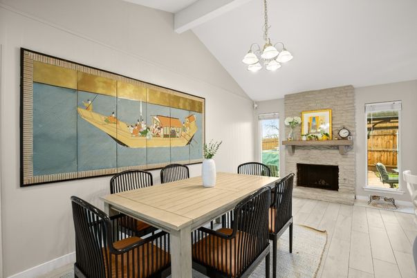 Dining room, Fireplace, Interior, Pendant Lights, Wood Texture Flooring