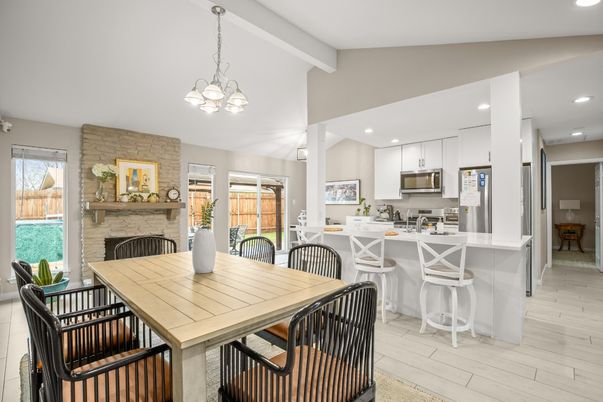 Dining room, Fireplace, Interior, Kitchen, Pendant Lights, Recessed Lighting, Stone Walls, Wood Texture Flooring