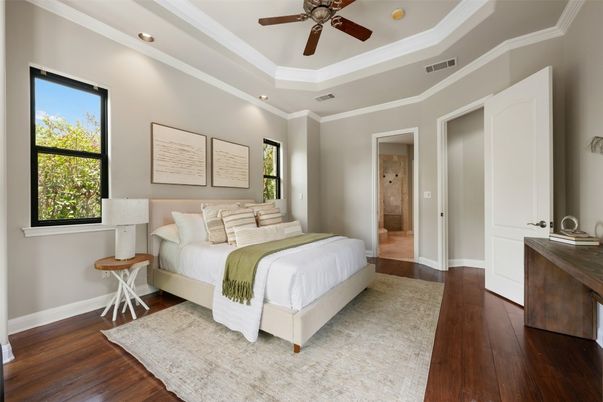 Bedroom, Interior, Recessed Lighting, Wood Texture Flooring