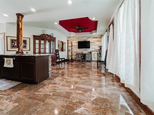 Fireplace, Interior, Recessed Lighting, Stone Walls