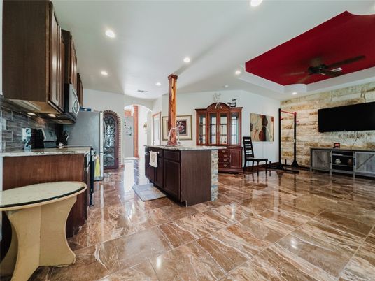 Fireplace, Interior, Recessed Lighting, Stone Walls