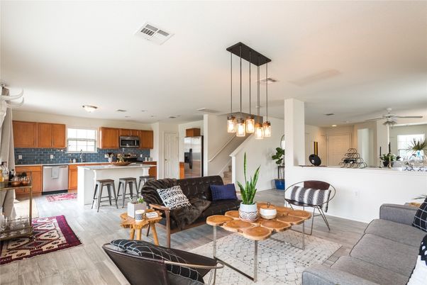 Interior, Kitchen, Living room, Pendant Lights, Recessed Lighting, Stainless Steel Appliances, Wood Texture Flooring