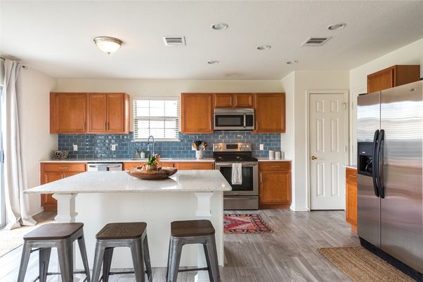 Interior, Kitchen, Recessed Lighting, Stainless Steel Appliances, Wood Texture Flooring