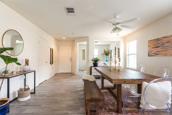 Dining room, Interior, Recessed Lighting, Wood Texture Flooring