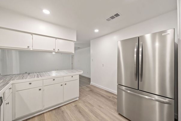 Interior, Kitchen, Recessed Lighting, Stainless Steel Appliances, Wood Texture Flooring