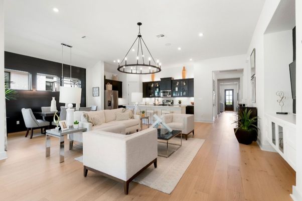 Chandelier, Dining room, Interior, Kitchen, Living room, Pendant Lights, Recessed Lighting, Wood Texture Flooring