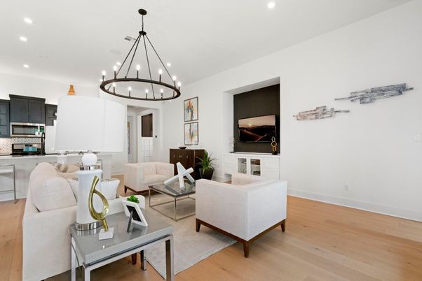 Chandelier, Interior, Kitchen, Living room, Pendant Lights, Recessed Lighting, Stainless Steel Appliances, Wood Texture Flooring