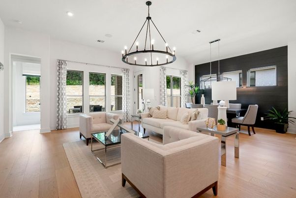 Chandelier, Dining room, Interior, Living room, Pendant Lights, Recessed Lighting, Wood Texture Flooring