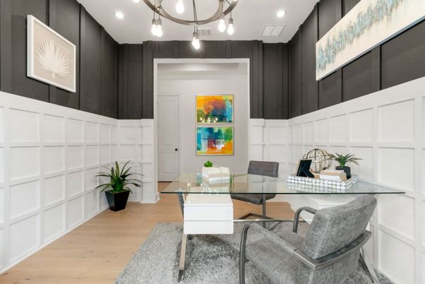 Home Office, Interior, Pendant Lights, Recessed Lighting, Wood Texture Flooring