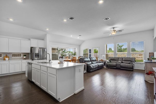 Interior, Kitchen, Living room, Recessed Lighting, Stainless Steel Appliances, Wood Texture Flooring