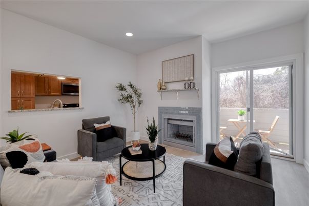 Fireplace, Interior, Living room, Recessed Lighting, Wood Texture Flooring