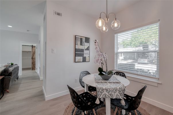 Dining room, Interior, Pendant Lights, Recessed Lighting, Wood Texture Flooring