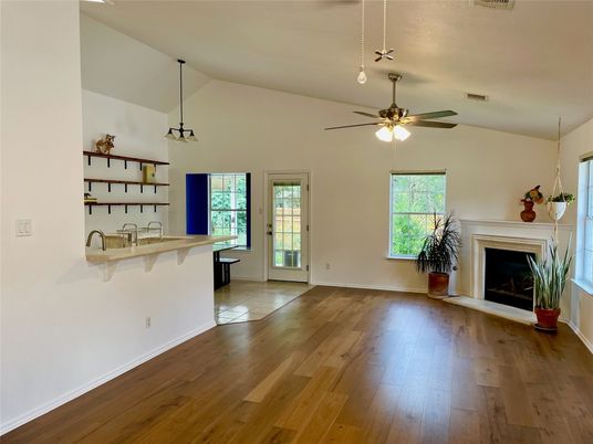 Empty room, Fireplace, Interior, Pendant Lights, Wood Texture Flooring