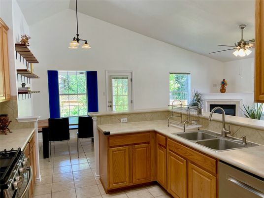 Dining room, Fireplace, Interior, Kitchen, Pendant Lights
