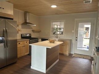 Interior, Kitchen, Recessed Lighting, Stainless Steel Appliances, Wooden Ceilings, Wood Texture Flooring