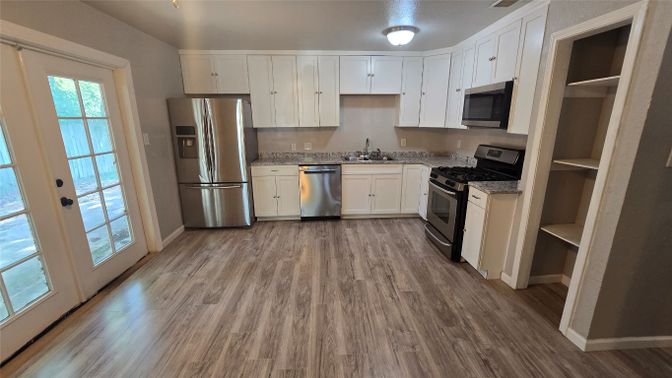 Interior, Kitchen, Stainless Steel Appliances, Wood Texture Flooring