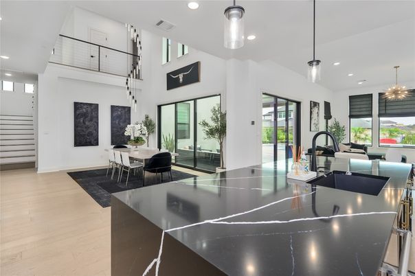 Dining room, Interior, Kitchen, Pendant Lights, Recessed Lighting, Wood Texture Flooring