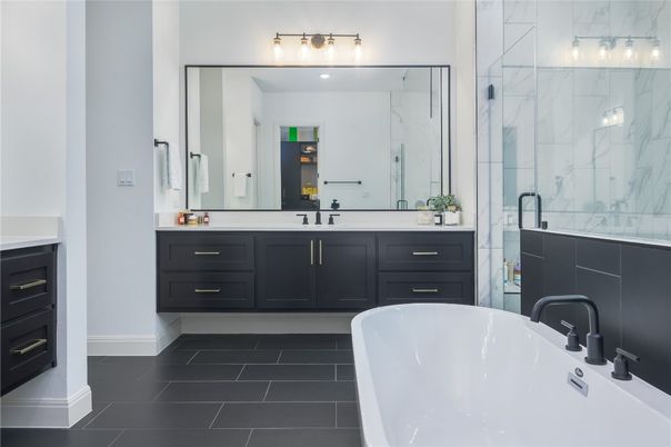 Bathroom, Dual Sink Vanities, Free Standing Baths, Glass Shower, Interior, Marble Walls