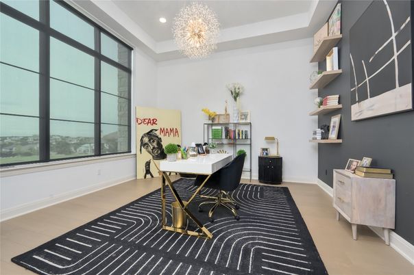 Chandelier, Home Office, Interior, Recessed Lighting, Wood Texture Flooring