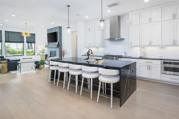 Fireplace, Interior, Kitchen, Living room, Pendant Lights, Recessed Lighting, Stainless Steel Appliances, Wood Texture Flooring