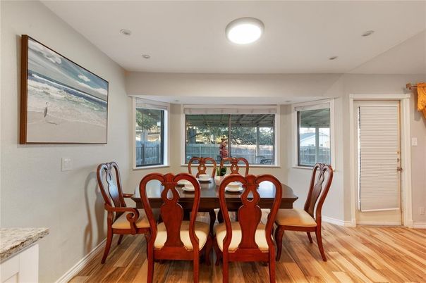 Dining room, Interior, Recessed Lighting, Wood Texture Flooring