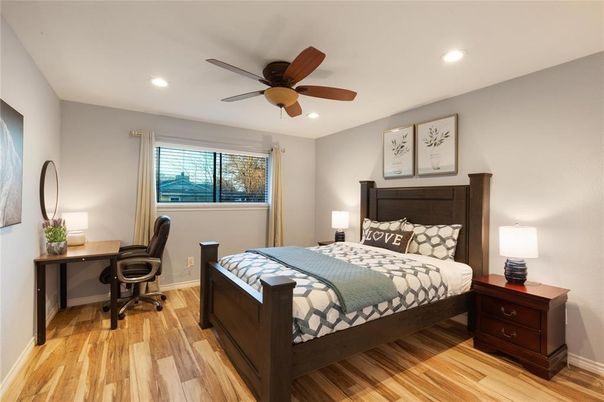 Bedroom, Interior, Recessed Lighting, Wood Texture Flooring
