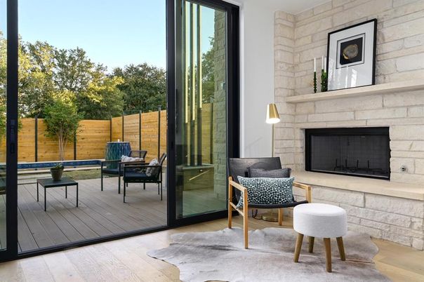 Fireplace, Interior, Pendant Lights, Stone Walls, Wood Texture Flooring
