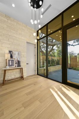 Empty room, Interior, Pendant Lights, Recessed Lighting, Stone Walls, Wood Texture Flooring