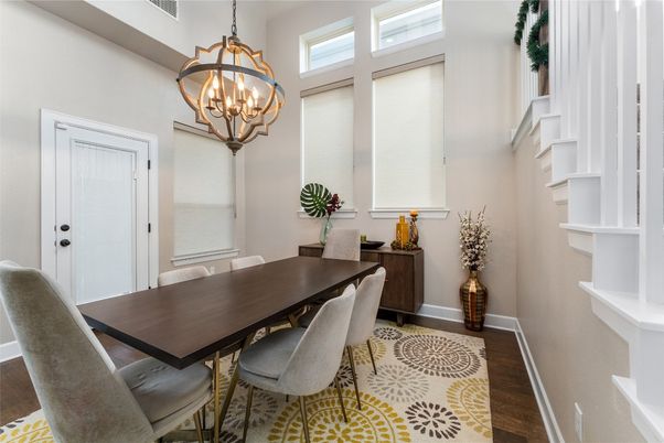 Chandelier, Dining room, Interior, Wood Texture Flooring