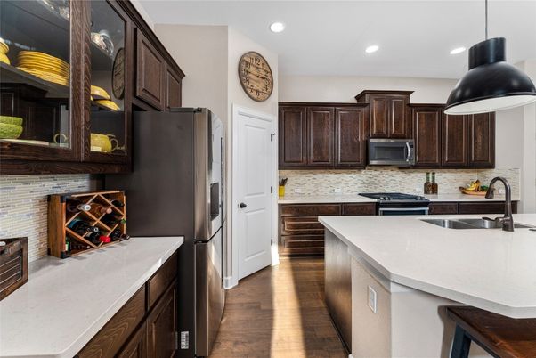 Interior, Kitchen, Pendant Lights, Recessed Lighting, Wood Texture Flooring