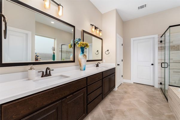 Bathroom, Dual Sink Vanities, Glass Shower, Interior, Recessed Lighting