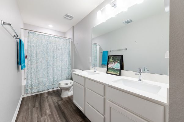 Bathroom, Dual Sink Vanities, Interior, Recessed Lighting, Wood Texture Flooring