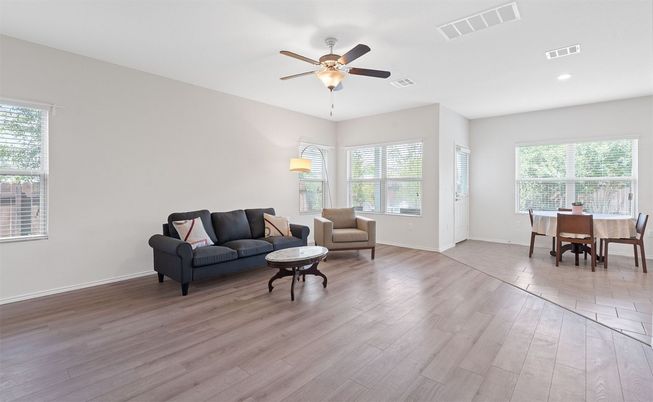 Dining room, Interior, Living room, Recessed Lighting, Wood Texture Flooring