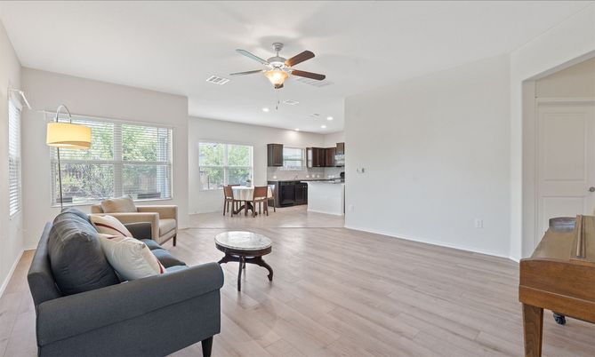 Dining room, Interior, Kitchen, Living room, Recessed Lighting, Wood Texture Flooring