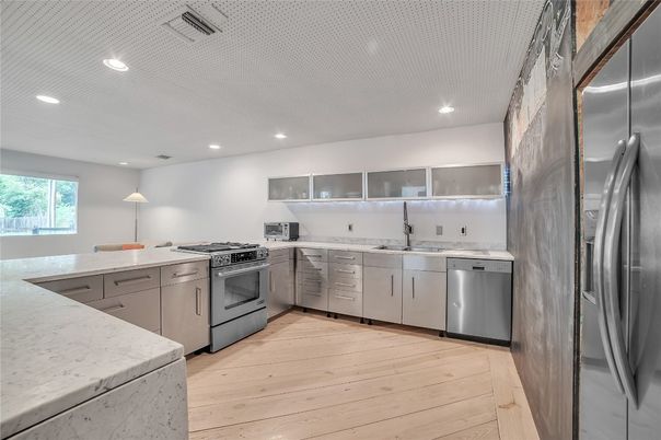Interior, Kitchen, Recessed Lighting, Stainless Steel Appliances, Wood Texture Flooring