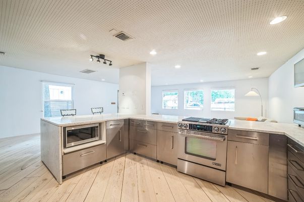 Interior, Kitchen, Recessed Lighting, Stainless Steel Appliances, Wood Texture Flooring