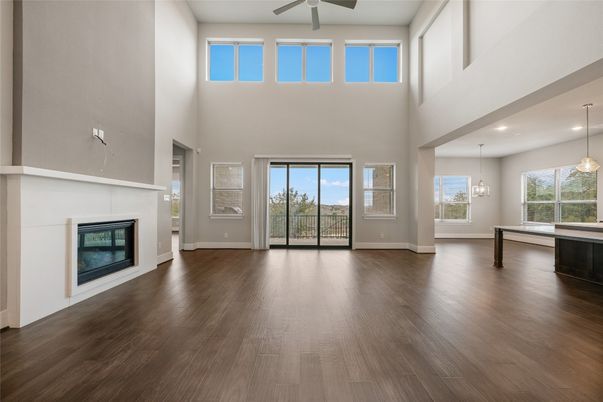 Empty room, Fireplace, Interior, Pendant Lights, Wood Texture Flooring