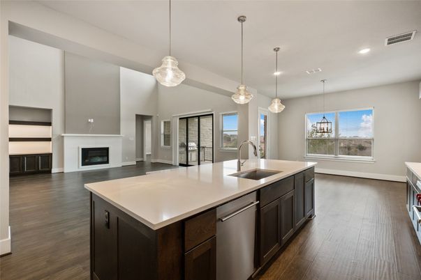 Fireplace, Interior, Kitchen, Pendant Lights, Recessed Lighting, Wood Texture Flooring