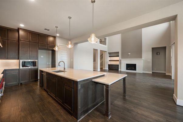 Fireplace, Interior, Kitchen, Pendant Lights, Recessed Lighting, Wood Texture Flooring