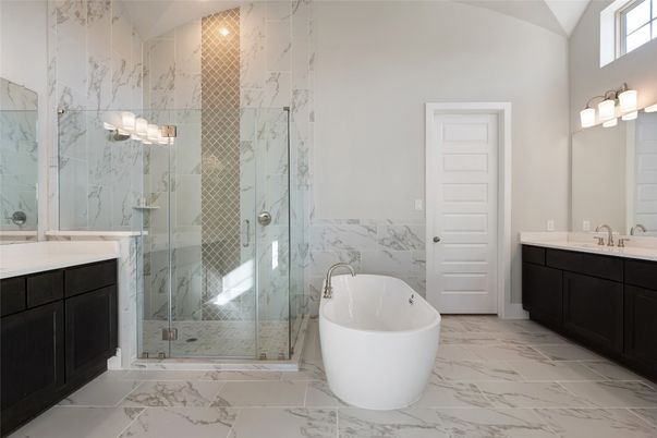 Bathroom, Free Standing Baths, Glass Shower, Interior, Marble, Marble Walls