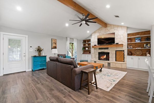 Fireplace, Interior, Living room, Recessed Lighting, Stone Walls, Wooden Beams, Wood Texture Flooring