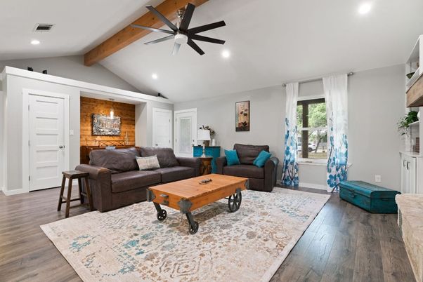 Interior, Living room, Pendant Lights, Recessed Lighting, Wooden Beams, Wood Texture Flooring