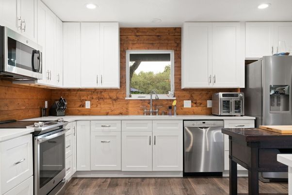 Interior, Kitchen, Recessed Lighting, Stainless Steel Appliances, Wood Texture Flooring