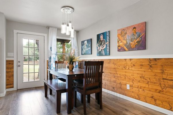Dining room, Interior, Pendant Lights, Wood Texture Flooring, Wooden Walls